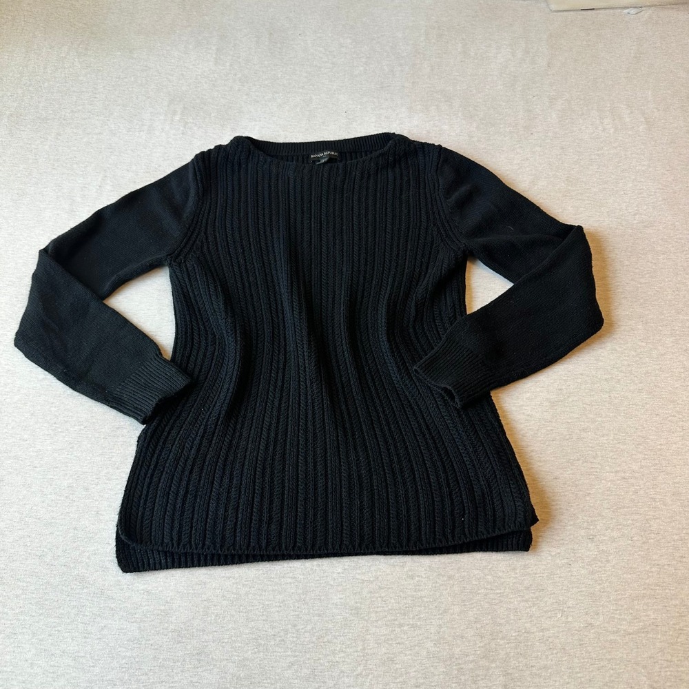 Banana Republic Womens‎ Ribbed Boat Neck Sweater Black Long Sleeve Side Slits S